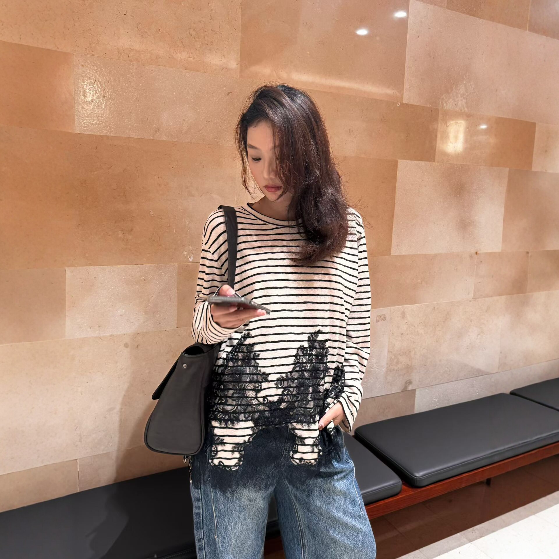 蕾丝拼长袖t恤女2026条纹打底衫