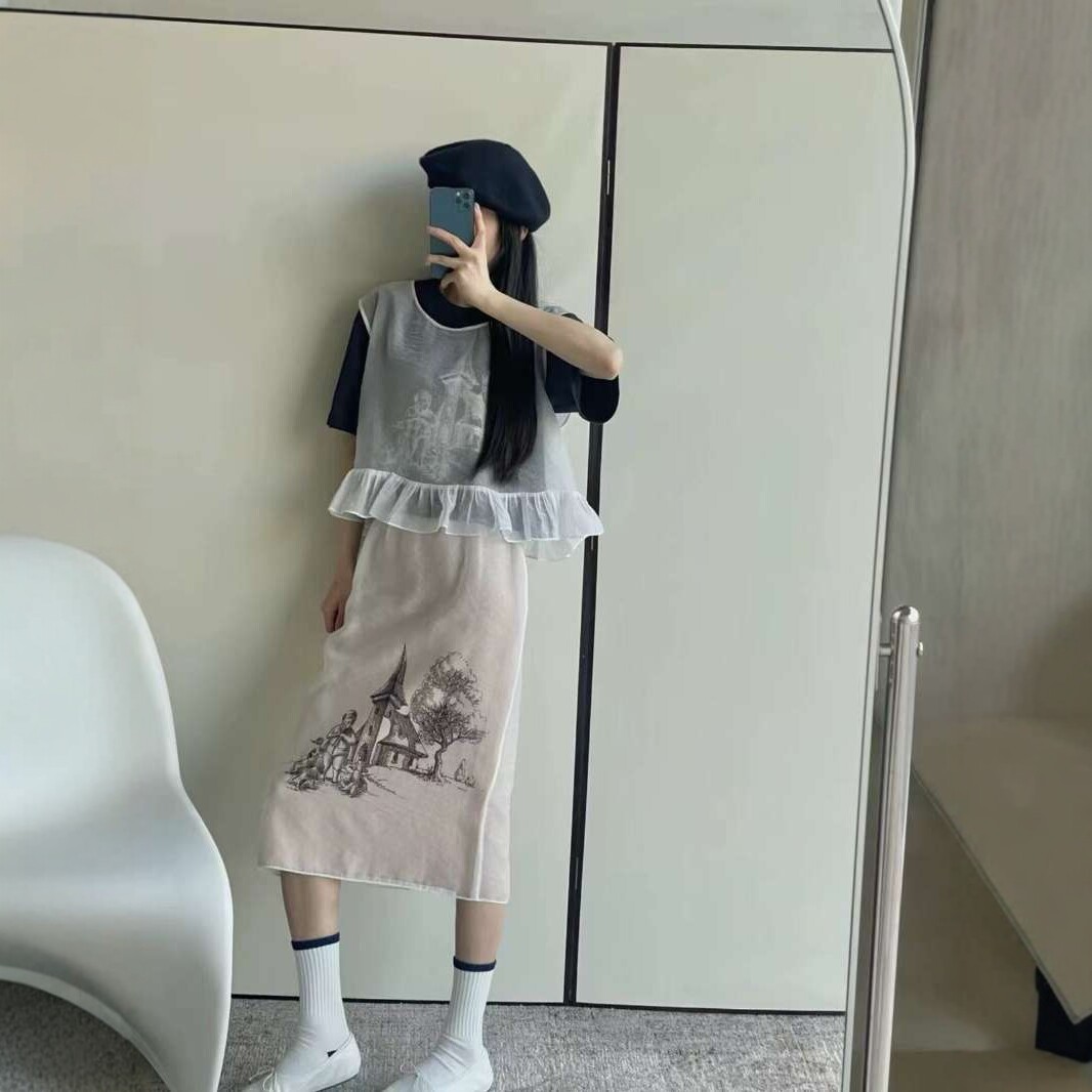 欧根纱背心叠穿圆领短袖t恤女潮
