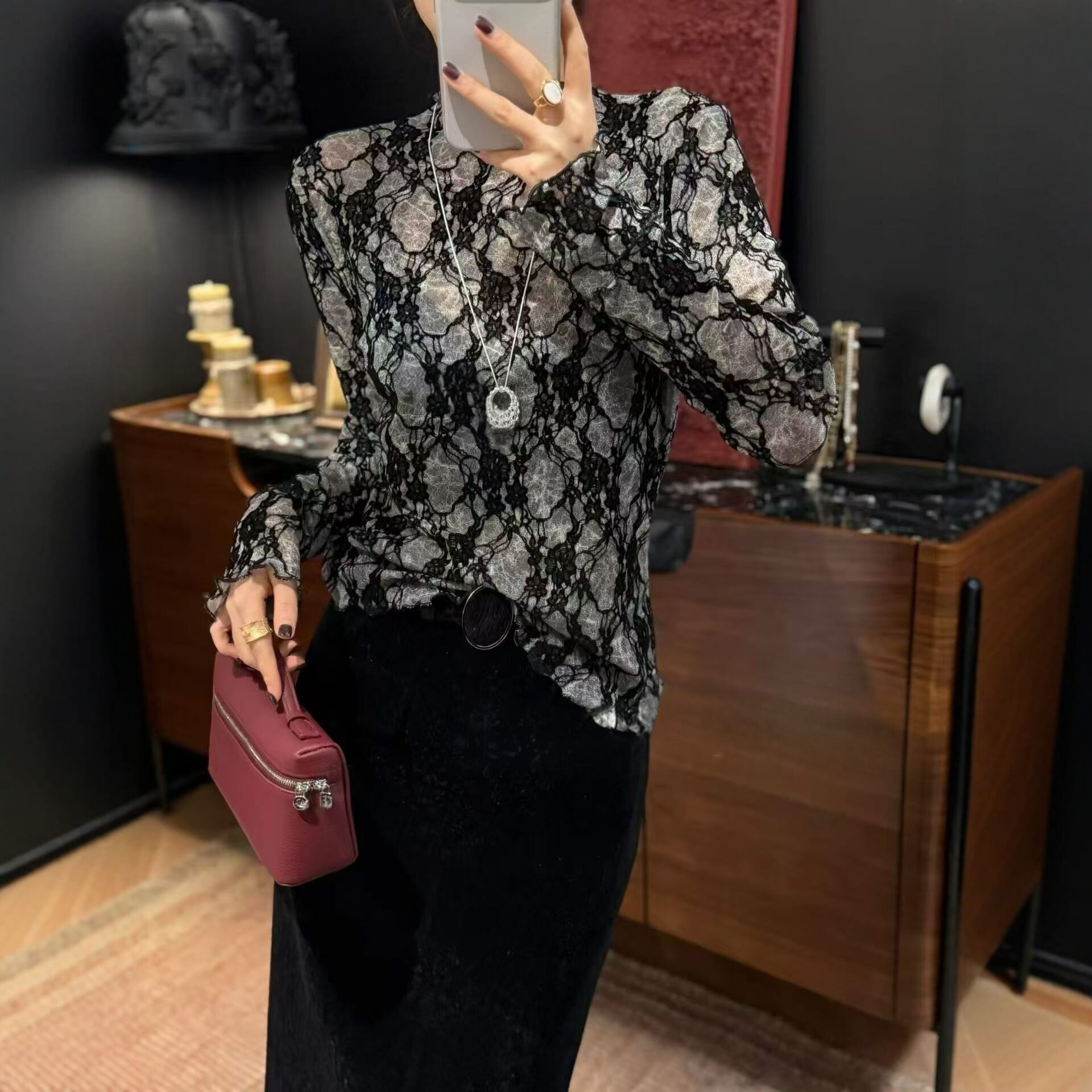 蕾丝半高领t恤长袖上衣女2026潮