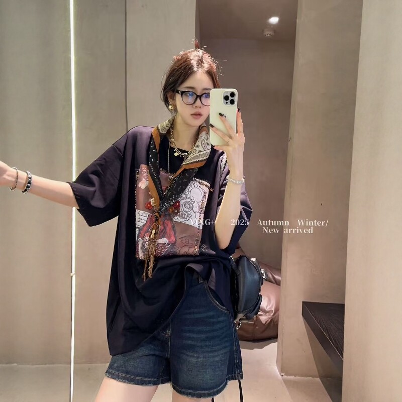 丝巾两件套宽松印花短袖t恤女潮