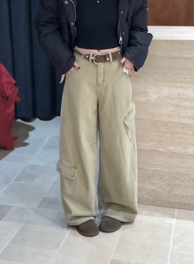 ZM.eeg加绒加厚牛仔裤女2025冬季新款欧洲站宽松多口袋牛仔阔腿裤