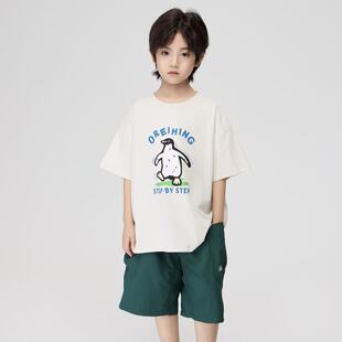 夏季儿童小企鹅印花休闲短袖2026男童宽松百搭凉感T恤中大童上衣t