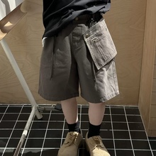 2025夏季新款中大童宽松个性贴布工装短裤男童潮牌军绿色酵洗中裤