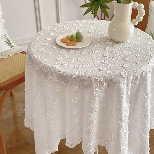 法式全棉白色桌布立体小雏菊绣花