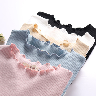 百搭长袖 纯棉圆领木耳边打底衫 修身 韩版 T恤女内搭上衣 女春秋新款