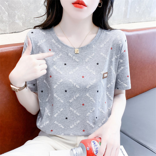 纯棉短袖t恤女夏季宽松洋气印花圆领体恤时尚百搭显瘦女士上衣服