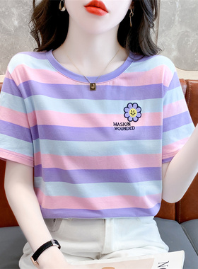 纯棉紫色条纹短袖t恤女2024夏装新款韩版宽松设计感百搭圆领体恤