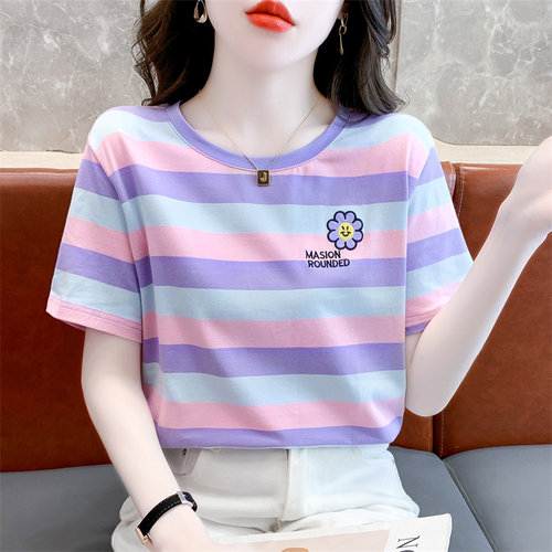 纯棉紫色条纹短袖t恤女2024夏装新款韩版宽松设计感百搭圆领体恤
