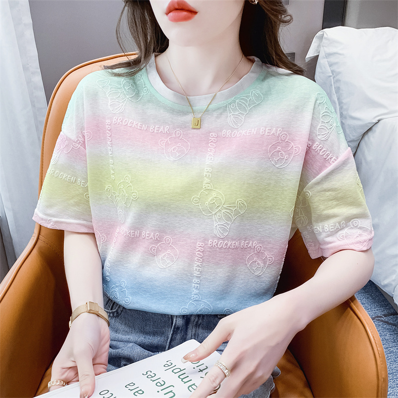 纯棉彩色条纹短袖t恤女2023夏季新款宽松半袖上衣女士洋气体恤衫