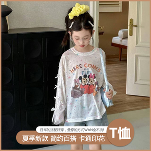 2025中大女童甜美女孩蝴蝶结卡通印花米奇薄款 T恤25105 防晒长袖