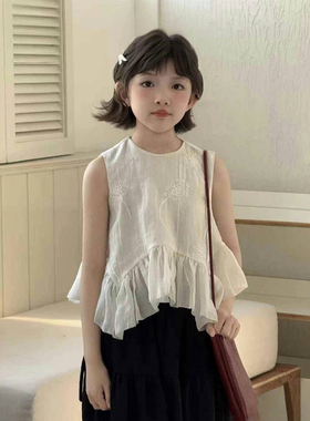 熙爱2025夏季新品中大女童森系荷叶边娃娃刺绣薄款小衫上衣25682