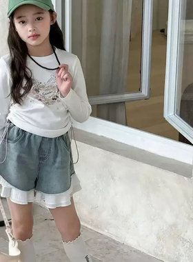 熙爱2025春秋季韩版新款女童圆领字母印花百搭拼接长袖T恤25855