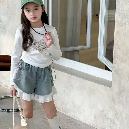 熙爱2025春秋季韩版新款女童圆领字母印花百搭拼接长袖T恤25855