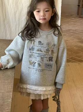 熙爱2025春夏新款女童甜美风下摆拼接花边圆领时尚卫衣12292