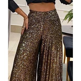 Dress Wear Waist Brown Flared Pants Womens Dark Sequins