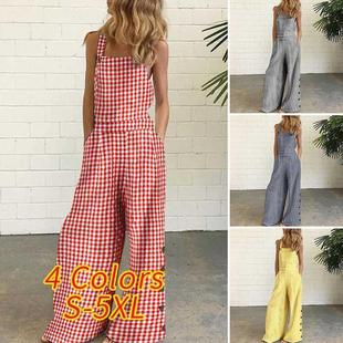 bib leg wide playsuits plaid pants print ladies rompers
