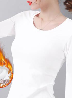 women thermal tops solid long round neck velvet bottoming