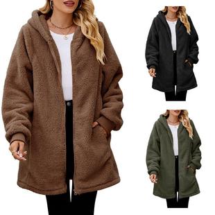 Womens Hooded Cardigan Sleeve Loose Plush Jacket Long