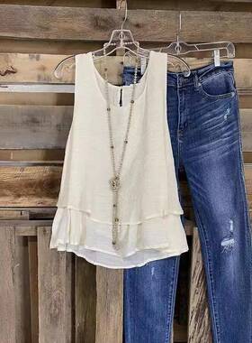 Womens Casual Vest Fake Two-Piece Double-Layer Cotton and