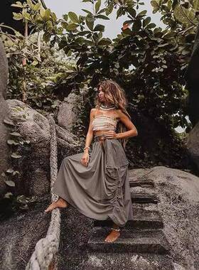 Womens Casual Skirt Drawstring Large Pockets Bohemian Loose