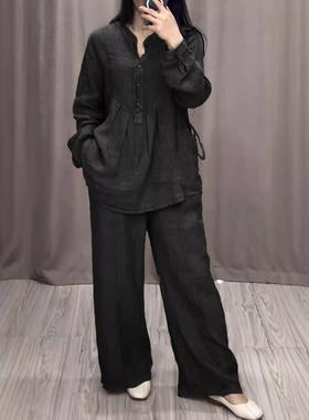 long-sleeved fashion wide-leg cotton linen placket pleated