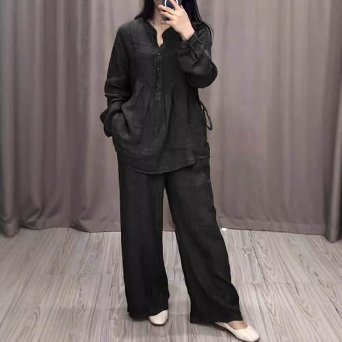 long-sleeved fashion wide-leg cotton linen placket pleated