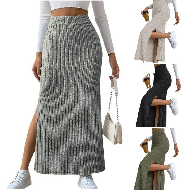 Fashion high waist side slit slim fit knitted skirt for