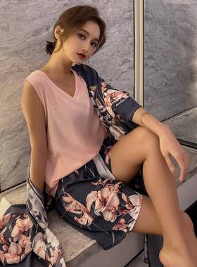 Womens casual cotton silk three-piece pajamas comfortable