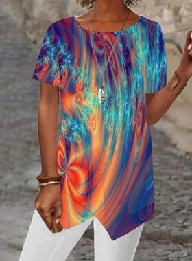 Womens casual round neck short sleeve pullover digital