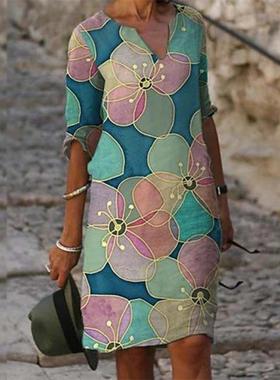 Flower rendering fashionable V-neck mid-sleeve mid-waist