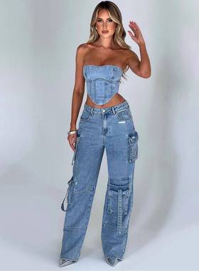 Low-rise three-dimensional pocket patchwork jeans for women