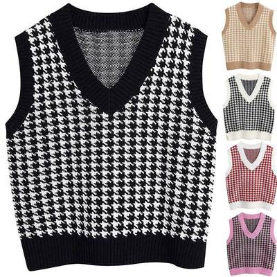 Sweater Pullover Sleeveless V-Neck Vest Knitted Houndstooth