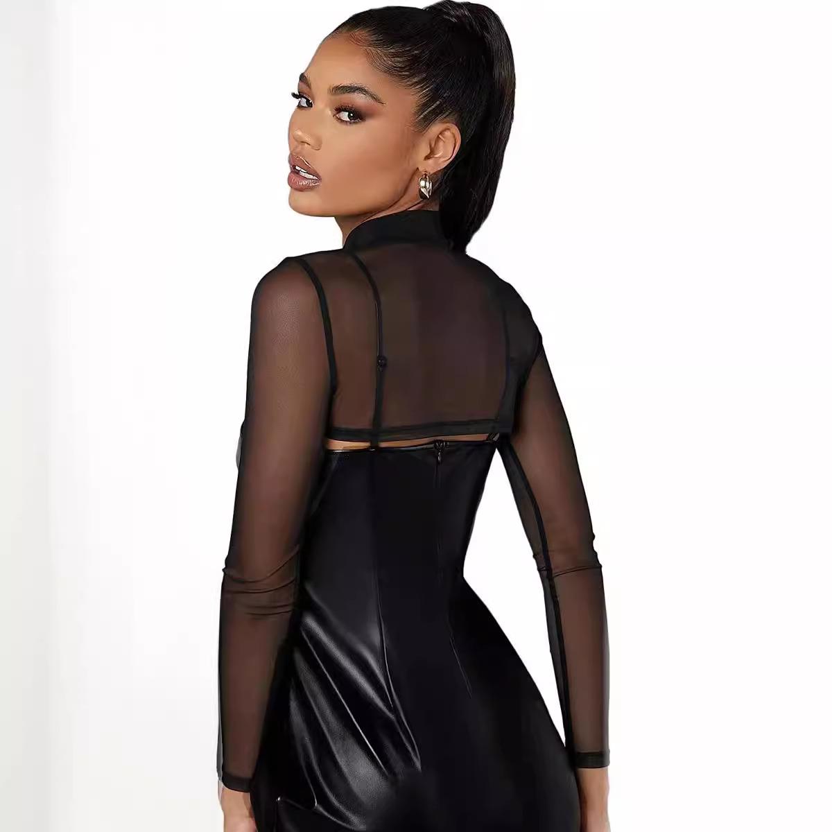 Womens long-sleeved half-high collar slim-fitting tulle