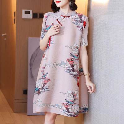 High-end pleated fashion retro print dress temperament