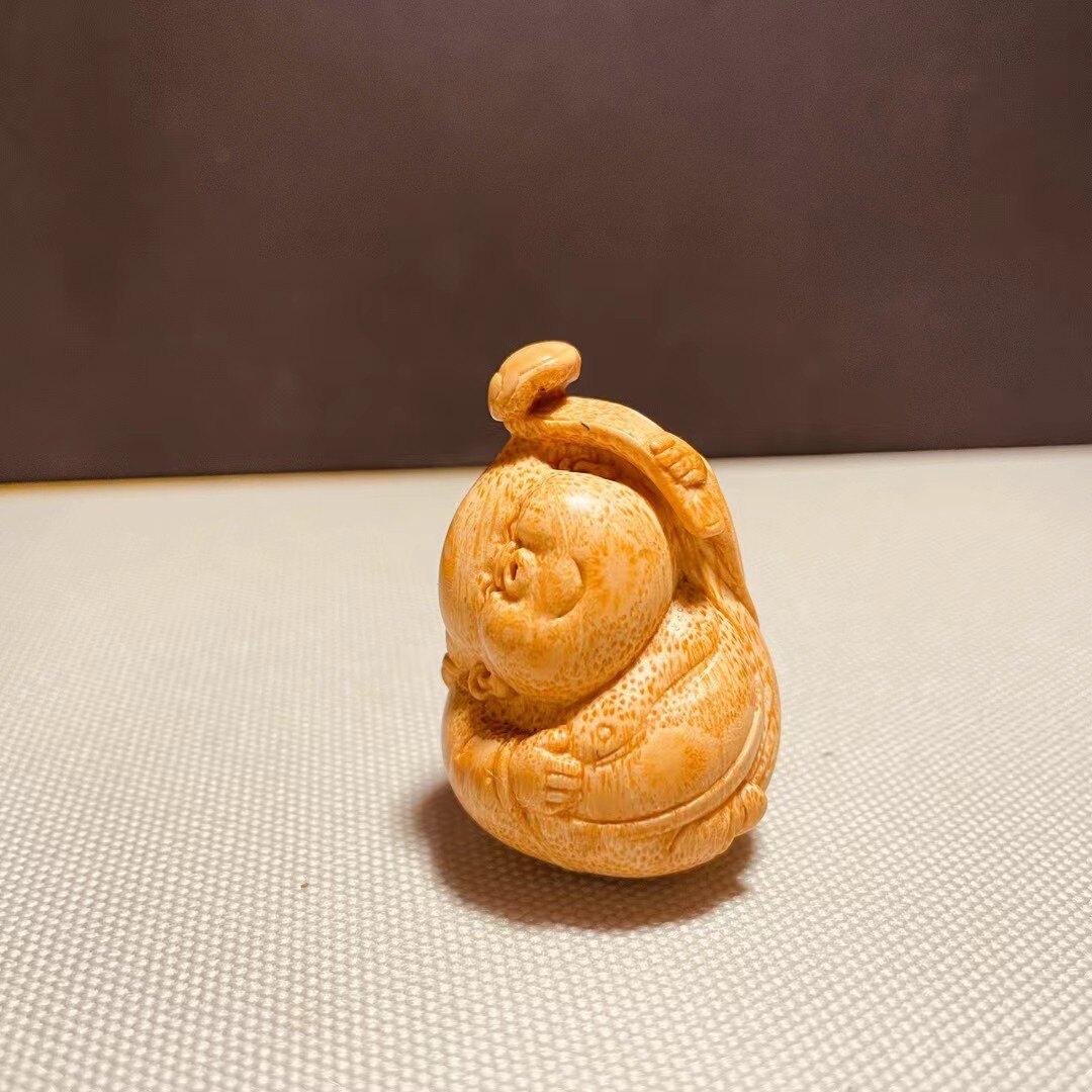 名家精品竹根雕卢培刚如意小童子可爱娃娃一把抓竹雕收藏手工文玩