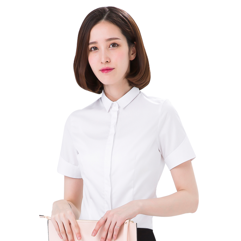 小领子白衬衫女短袖夏季职业半袖寸修身工作服正装工装小方领衬衣