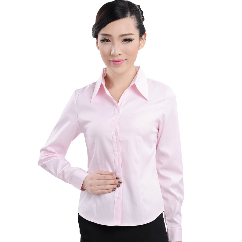 粉色衬衫女长袖职业工作服正装工装修身大码春秋粉红色衬衣寸上衣