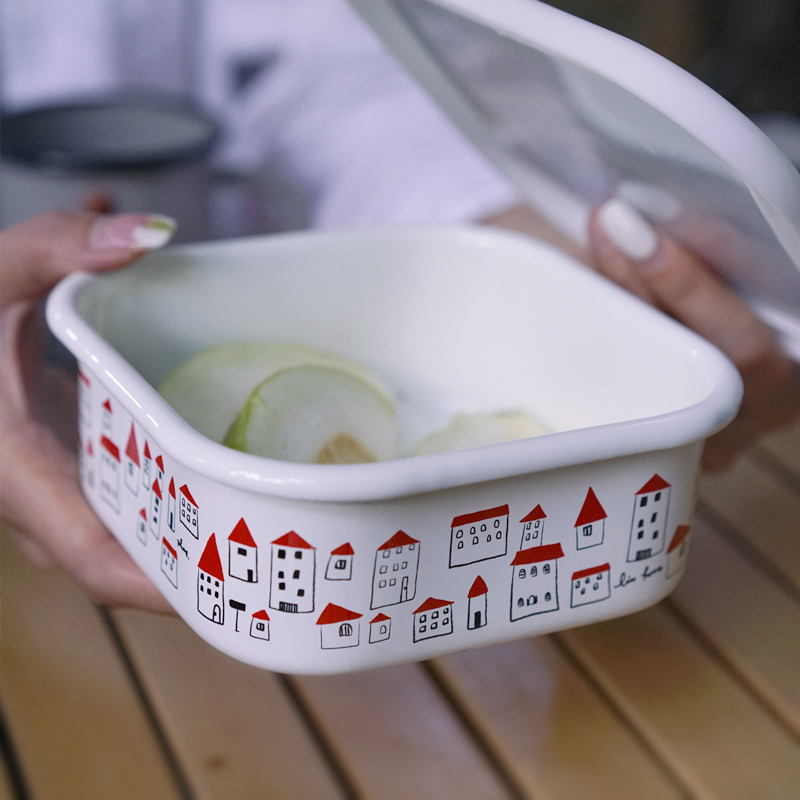 可爱红房子日式搪瓷掀盖保鲜盒