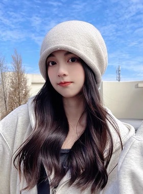堆堆帽子女秋冬季卷边百搭保暖防寒针织大头围护耳针织抽绳包头帽