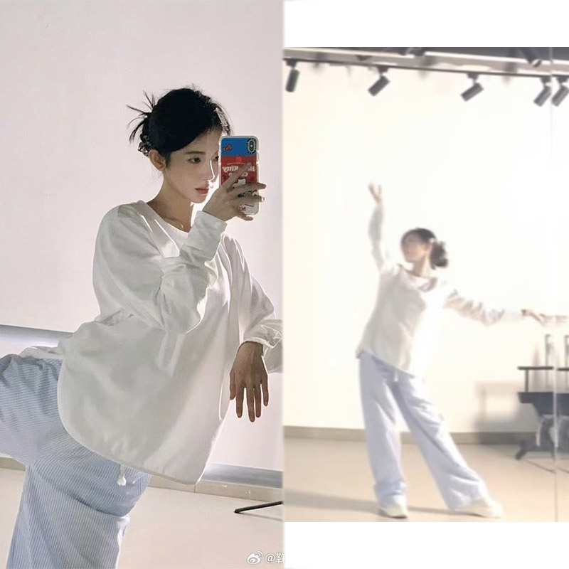 鞠婧祎同款不规则下摆长袖宽松设计圆领长袖T恤女