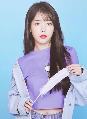 IU李知恩明星同款台历紫色短袖圆领印花纯棉打底衫T恤上衣百搭女