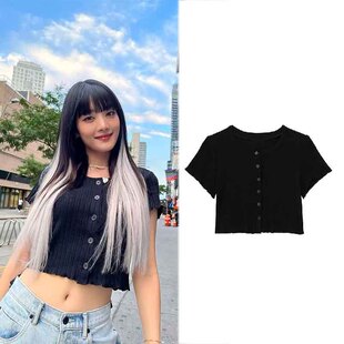金米妮Minnie同款甜美小清新短款木耳边针织短袖女夏上衣修身百搭