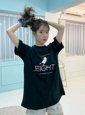 IU李知恩同款ins情侣上衣潮EIGHT韩版宽松圆领印花T恤chic短袖女