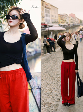 赵露思米兰套装同款气质辣妹黑色上衣搭红色裤子休闲百搭2件套潮