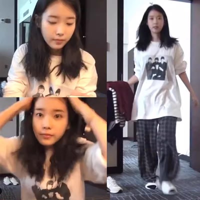 IU李知恩同款韩版德鲁纳酒店上衣宽松圆领长袖人物印花chicT恤女