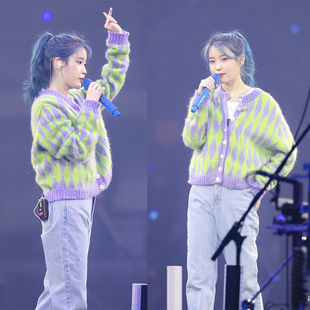 宽松拼色打底短针织毛衣外套 演唱会上衣圆领开衫 IU李知恩同款 韩版