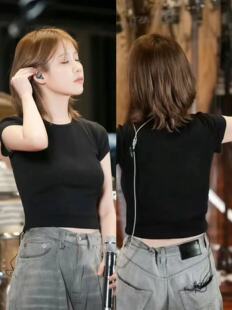 IU李知恩同款短款纯色T恤修身弹力纯棉螺纹百搭干净上衣ins甜酷女