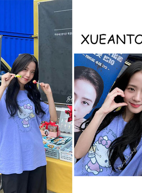 Jisoo金智秀HelloKitty印花女夏季宽松可爱甜美宽松纯棉T恤衫百搭