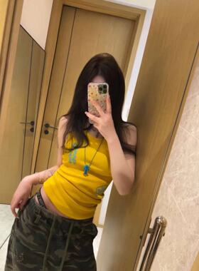 新款遮肉辣妹吊带女背心度假印花打底外穿上衣短款针织螺纹小清新