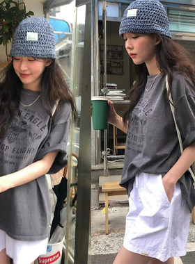 新款韩系夏季灰色纯棉字母印花薄款男女百搭宽松遮臀ins体恤上衣
